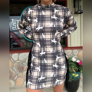 Plaid Cowgirl Printed Long Sleeve Dress W Side Fringe